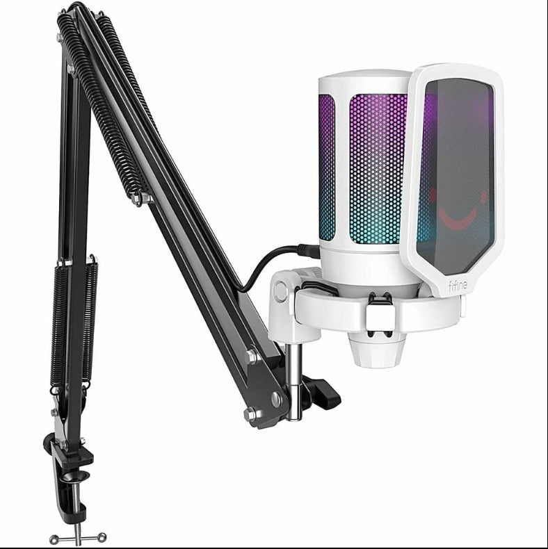 FIFINE AmpliGame A6T USB Condenser Microphone Kit with Boom Arm Stand – White